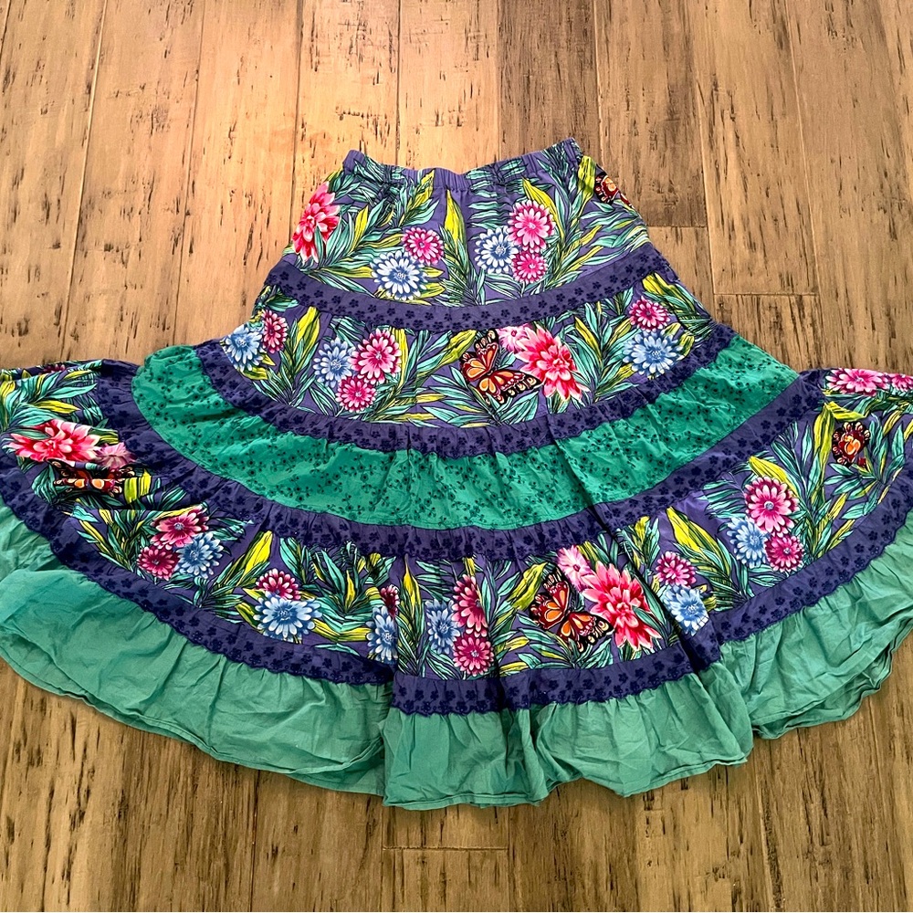 Vintage Rene Derhy Floral Teal and Purple Peasant Skirt Size Small